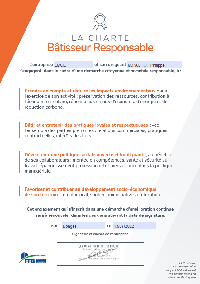 LMCE s'engage, dans le cadre d'une démarche citoyenne et sociétale responsable, à prendre en compte et réduire les impact environnementaux, bâtir et entretenir des pratiques loyales et respectueuses, développer une politique sociale ouverte et impliquante, favoriser et contribuer au développement socio-économique de son territoire